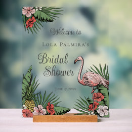 Tropical Floral Pink Flamingo Bridal Shower Sign