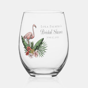 Tropical Floral Pink Flamingo Bridal Shower Stemless Wine Glass
