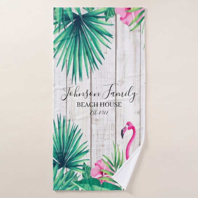 Tropical Floral Pink Flamingo Family Name Beach  Bath Towel Set (Bath Towel)