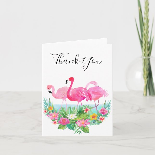 Tropical Floral Pink Flamingos Thank You Card (Front)