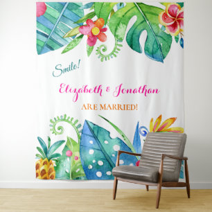 Tropical Floral Pink Teal Photo Booth Backdrop Tapestry