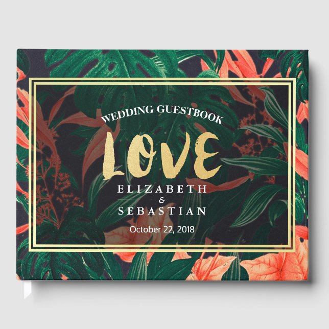Tropical Floral Plant Gold Frame Wedding Guestbook (Front)
