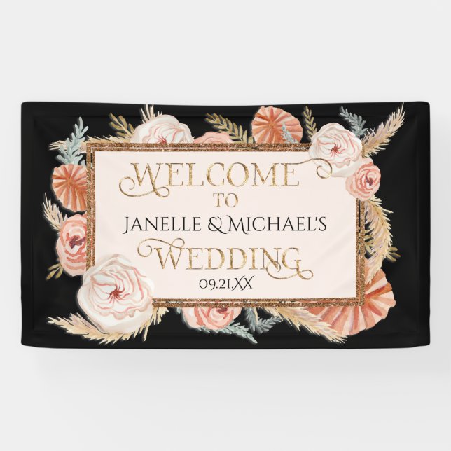 Tropical Floral Rose Gold Black Blush Pampas Palms Banner (Horizontal)