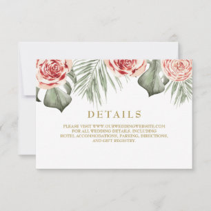 Tropical Floral Roses Palm leaves Wedding Details RSVP Card
