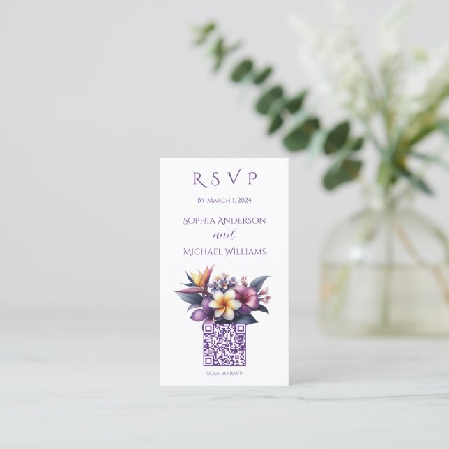 Tropical Floral-RSVP-QR code- Business Card (Standing Front)