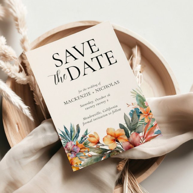 Tropical Floral Save the Date Invitation (tropical wedding save the date white)