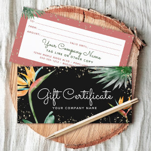 Tropical Floral Script Black Gold Gift Certificate