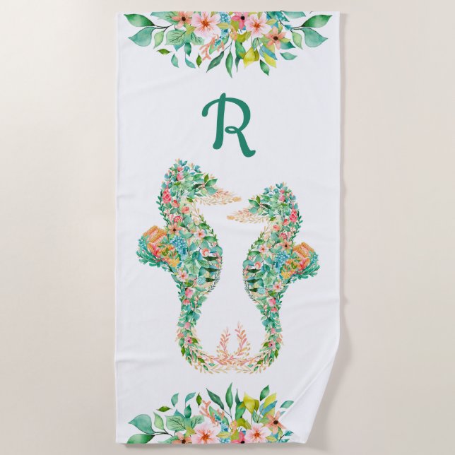 Tropical Floral Seahorse Couple Monogram Turquoise Beach Towel (Front)