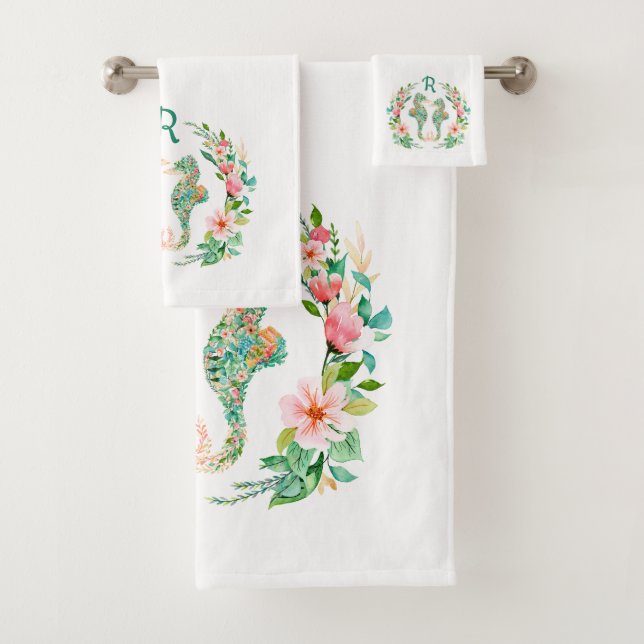 Tropical Floral Seahorse Couple Monogrammed Bath Towel Set (Insitu)