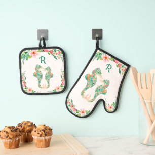 Tropical Floral Seahorse Couple Monogrammed Oven Mitt & Pot Holder Set