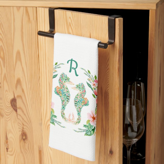 Tropical Floral Seahorse Couple Monogrammed Tea Towel (Thirds Fold)