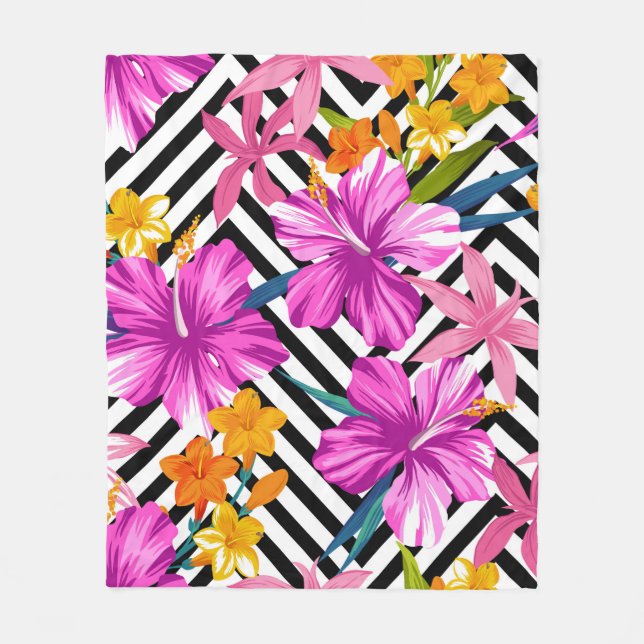 Tropical floral seamless pattern. Hibiscus and pal Fleece Blanket (Front)