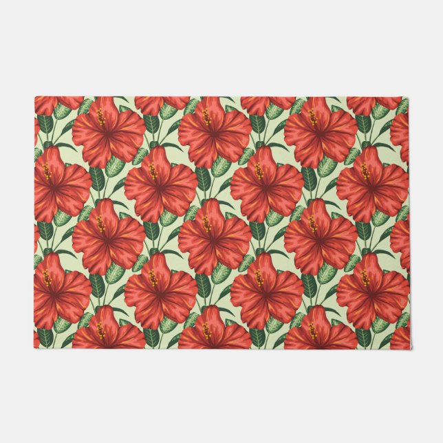 Tropical floral seamless pattern red flowers doormat (Front)