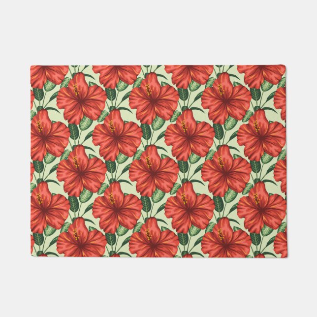 Tropical floral seamless pattern red flowers doormat (Front)