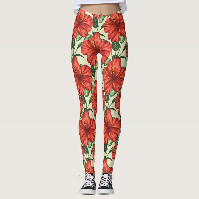 Tropical floral seamless pattern red flowers leggings (Front)