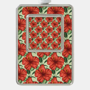 Tropical floral seamless pattern red flowers silver plated framed ornament