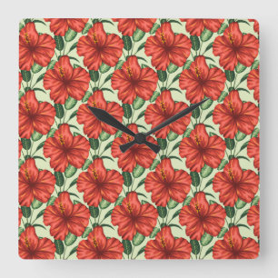 Tropical floral seamless pattern red flowers square wall clock