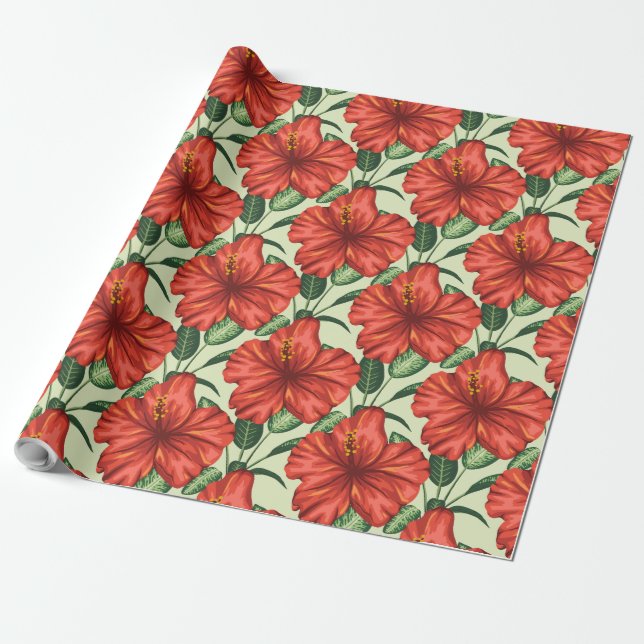 Tropical floral seamless pattern red flowers wrapping paper (Unrolled)