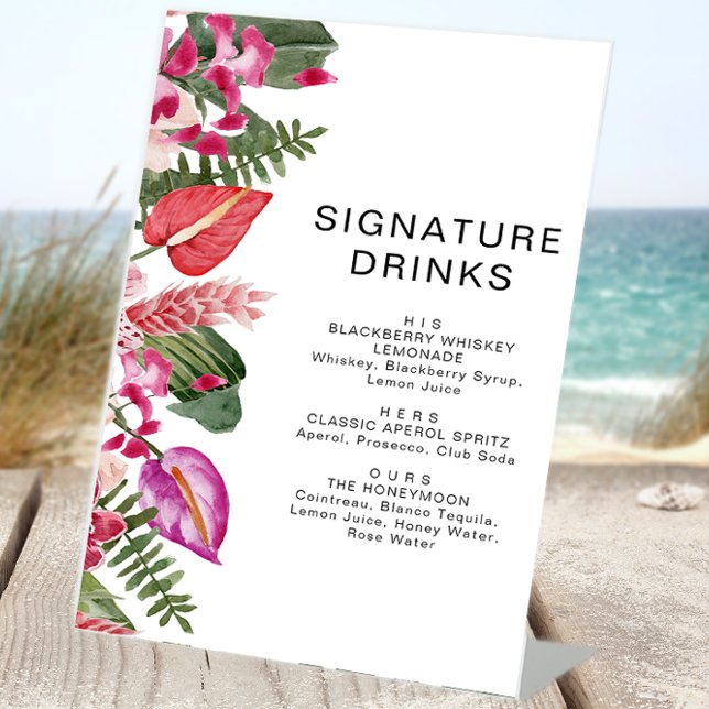 Tropical Floral Signature Drinks Pedestal Sign (Tropical Floral Signature Drinks Pedestal Bar Sign by Painted Paperie
)