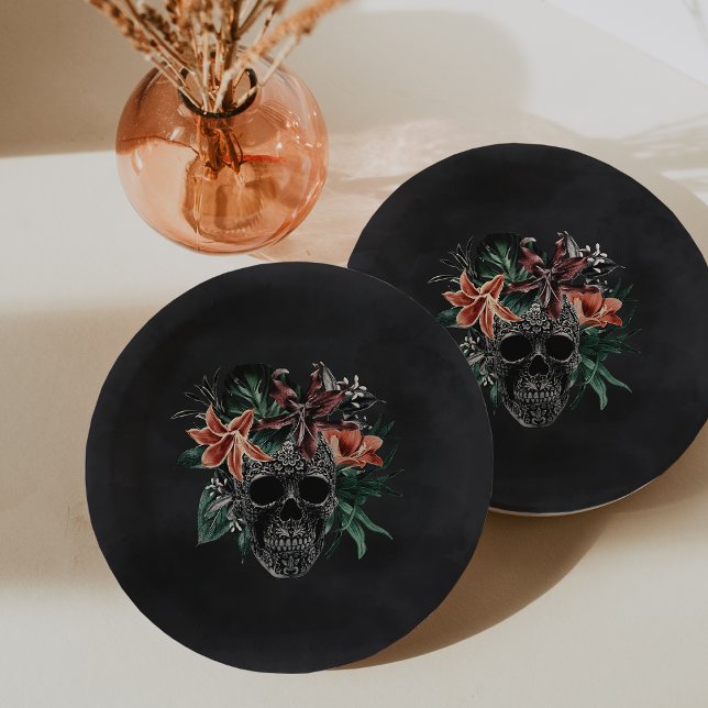 Tropical Floral Skull Halloween Paper Plate (Creator Uploaded)