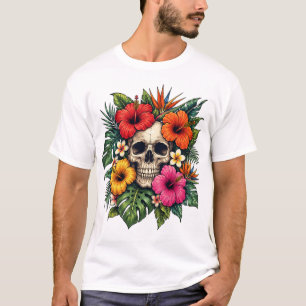 Tropical Floral Skull Vibrant Hawaiian Botanical T-Shirt