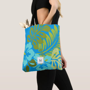 Tropical floral summer Hawaiian Hibiscus monogram Tote Bag