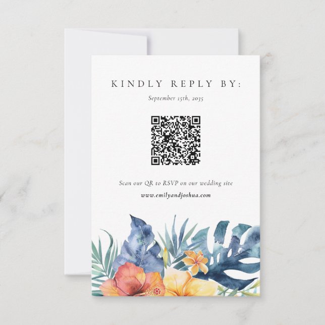Tropical Floral Summer QR Code Wedding RSVP Card (Front)