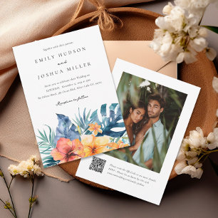 Tropical Floral Summer QR Photo Wedding Invitation