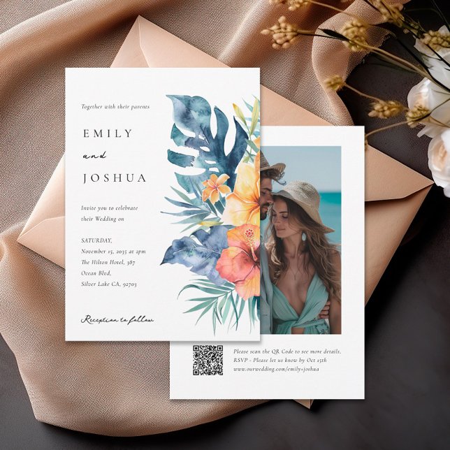 Tropical Floral Summer QR Photo Wedding Invitation (Creator Uploaded)