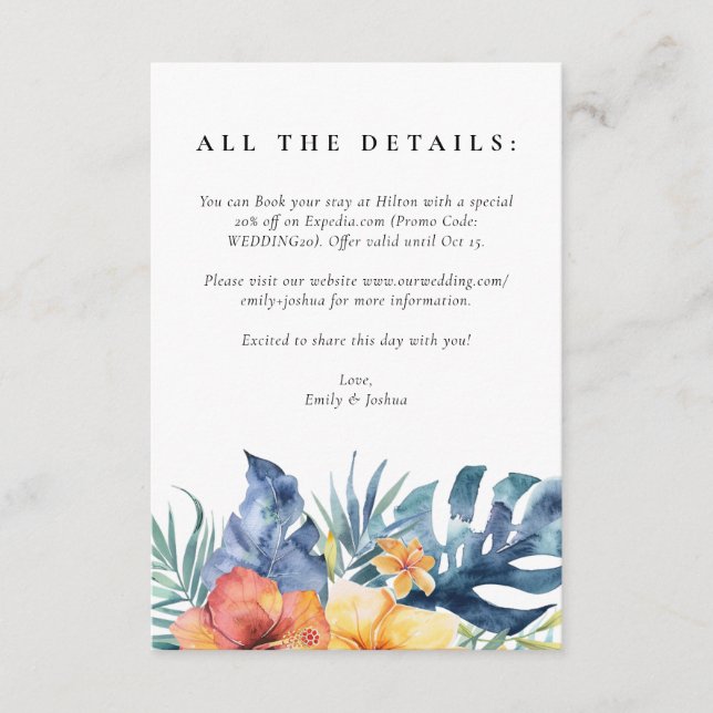 Tropical Floral Summer Watercolor Wedding Enclosure Card (Front)