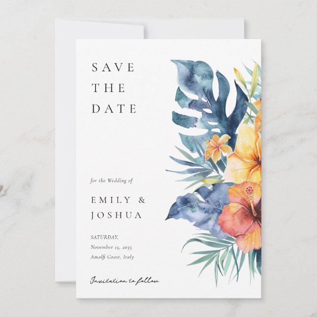 Tropical Floral Summer Watercolor Wedding Save The Date (Front)