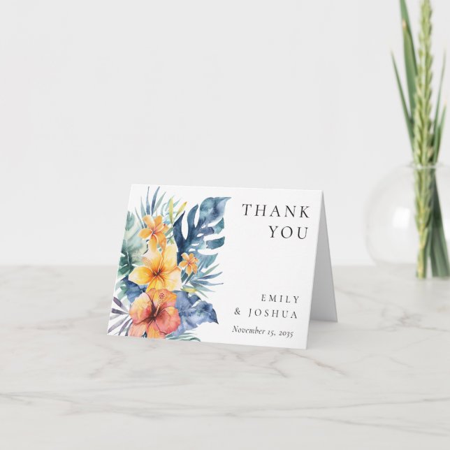 Tropical Floral Summer Watercolor Wedding Thank You Card (Front)