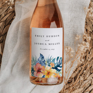 Tropical Floral Summer Watercolor Wedding Wine Label