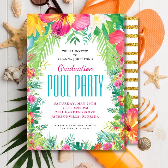 Tropical Floral Swimming Pool Party Graduation Invitation (Creator Uploaded)