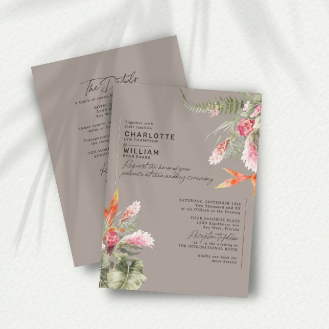 Tropical Floral Taupe RSVP QR Code Wedding Gold (Creator Uploaded)
