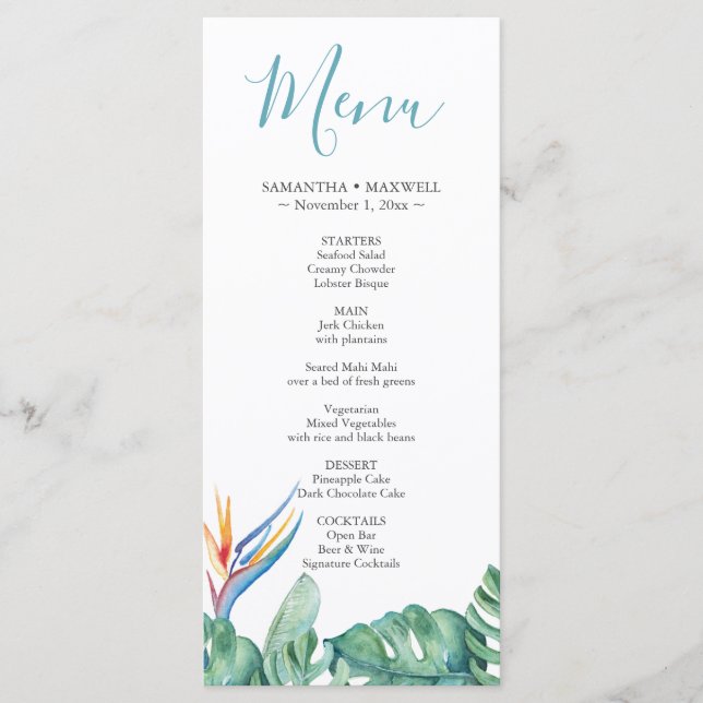 Tropical Floral Theme Wedding Menus Card (Front)