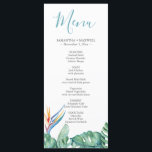Tropical Floral Theme Wedding Menus Card<br><div class="desc">Set the tone for your rehearsal dinner, engagement party, or destination celebration with this elegant dinner menu card, designed to complement a tropical wedding theme. Featuring original watercolor artwork of monstera palm leaves and a vibrant bird of paradise flower, this minimalist design brings refined style to your beach wedding in...</div>