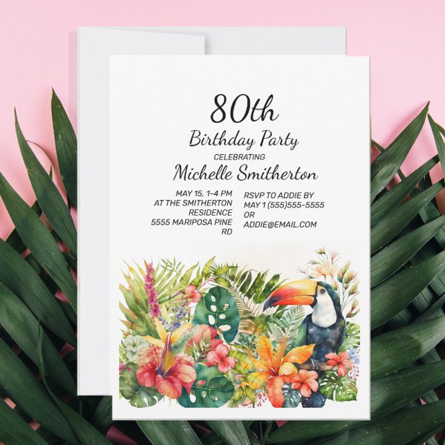 Tropical Floral Toucan 80th Birthday  Invitation (Creator Uploaded)