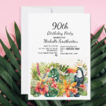 Tropical Floral Toucan 90th Birthday  Invitation<br><div class="desc">Women's 90th Birthday party invitation with a majestic toucan on tropical leaves and floral background.  This card can be customised for anyone of any age.  Contact me for assistance with your customisations or to request additional matching or coordinating Zazzle products for your celebration.</div>