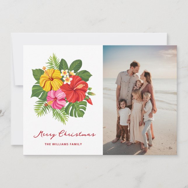 Tropical Floral Vacation Photo Merry Christmas Holiday Card (Front)
