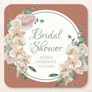 Tropical Floral Watercolor Bridal Shower Square Paper Coaster