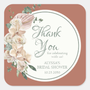 Tropical Floral Watercolor Bridal Shower Thank You Square Sticker