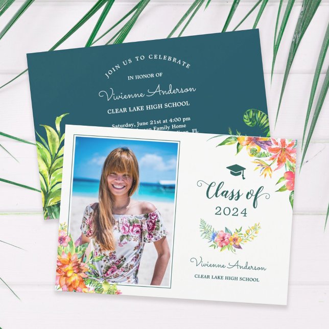 Tropical Floral Watercolor Grad Photo Graduation Invitation (Creator Uploaded)