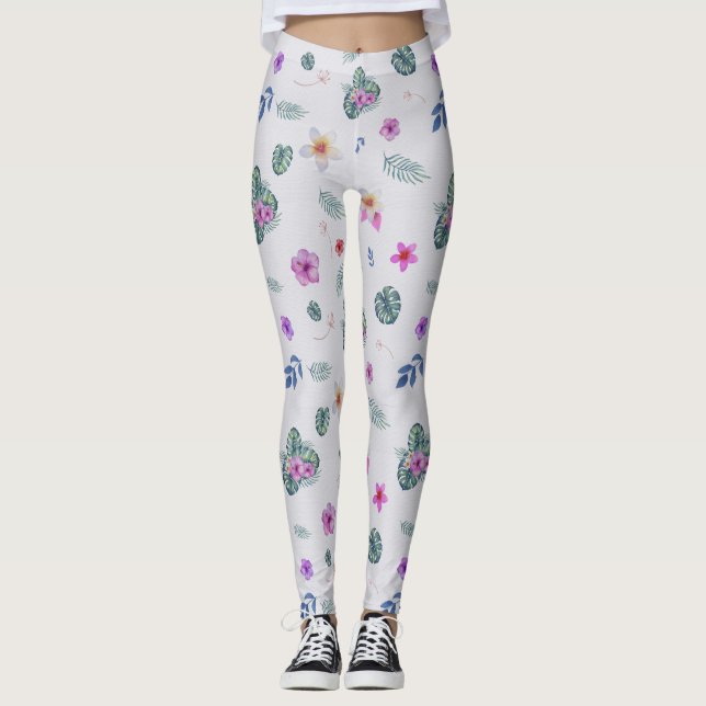 Tropical Floral Watercolor Pattern Leggings (Front)