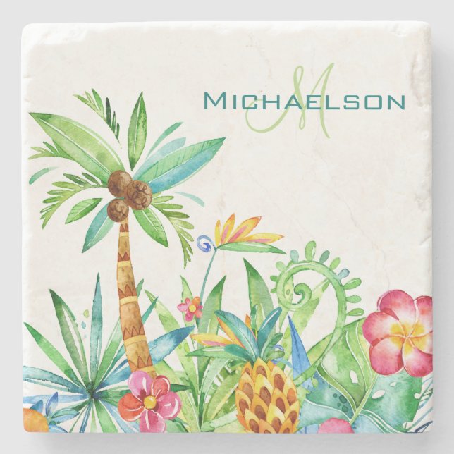 Tropical Floral Watercolor Stone Coaster (Front)
