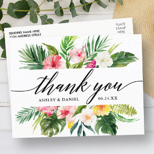 Tropical Floral Wedding Calligraphy Thank You Postcard