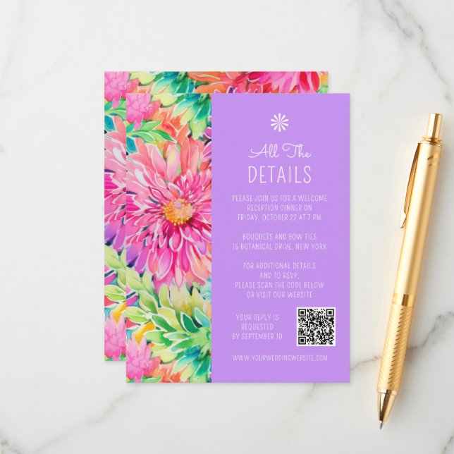 Tropical Floral Wedding Details QR Code Enclosure Card (Front/Back In Situ)