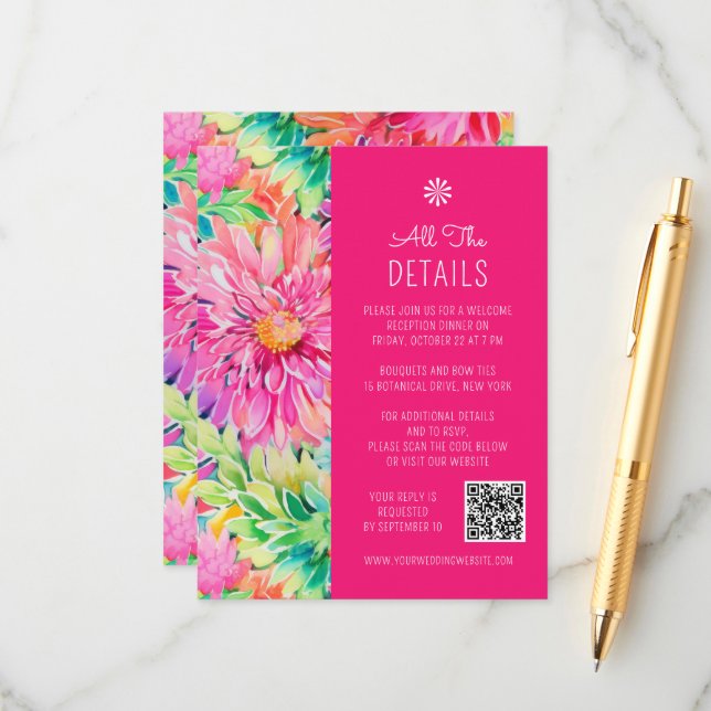 Tropical Floral Wedding Details QR Code Enclosure Card (Front/Back In Situ)