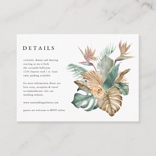 Tropical Floral Wedding Details Reception Enclosure Card (Front)
