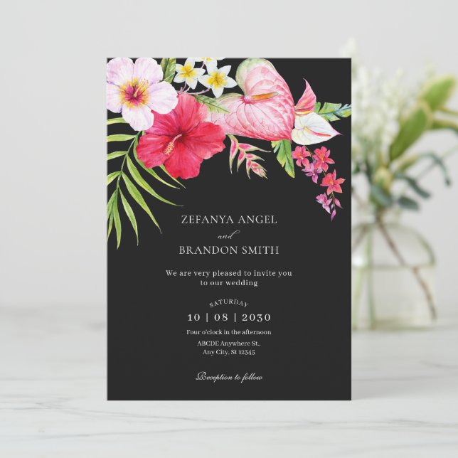 Tropical floral wedding invitation (Standing Front)